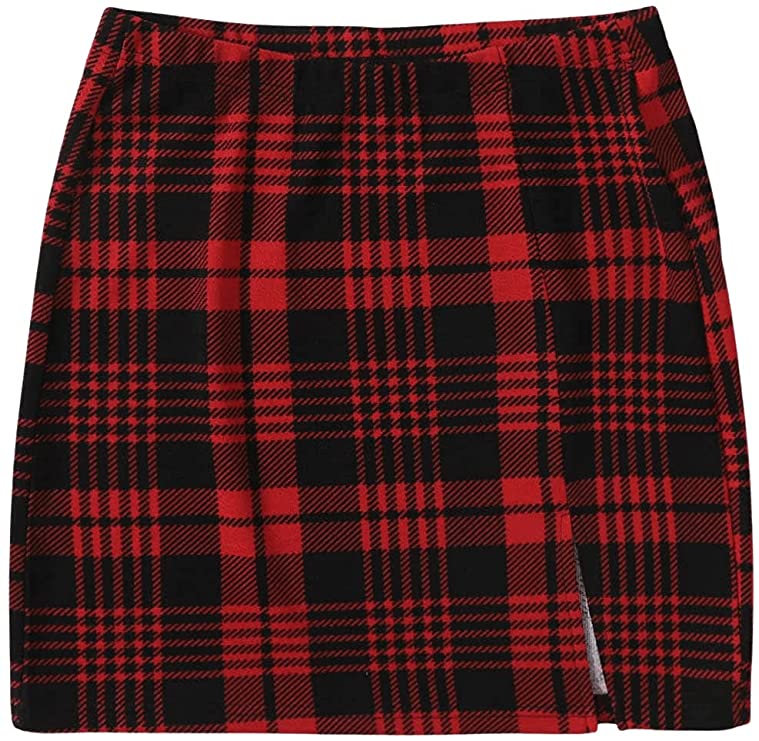 DIDK Women's Casual Tartan Plaid High Waist Bodycon Mini Skirt