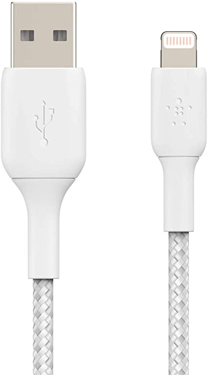 Belkin Braided Lightning Cable (Boost Charge Lightning to USB Cable for iPhone, iPad, AirPods) MFi-Certified iPhone Charging Cable, Braided Lightning Cable (2m, White)