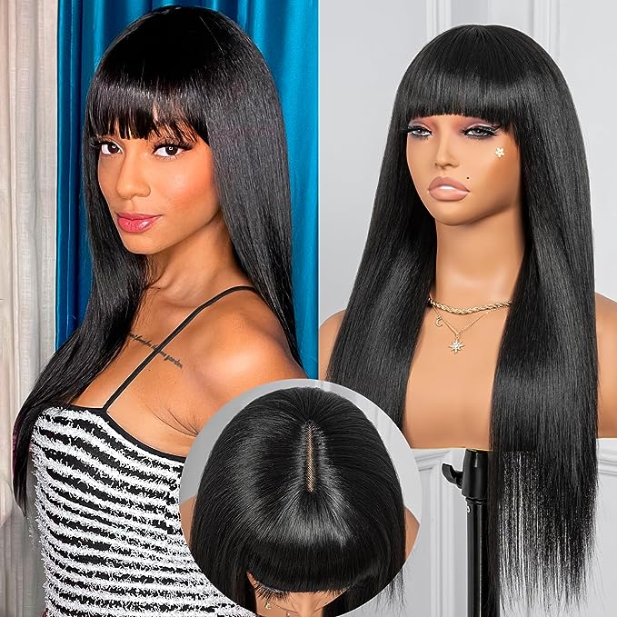 ToyoTress Airy Lace Front Wigs With Bangs - Long Straight 4 * 1 Lace Part Synthetic Wig Glueless Full Wig Light Yaki Black Wigs Cosplay Costume Wigs For Women (26 Inch, 1B)