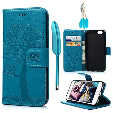 iPhone 6 Case, iPhone 6S Case, Vintage Premium PU Leather Wallet Case Owl Tree Embossed Pattern TPU Inner Wrist Strap Credit Card Holders Flip Folio Shockproof Stand Cover MOLLYCOOCLE, Blue