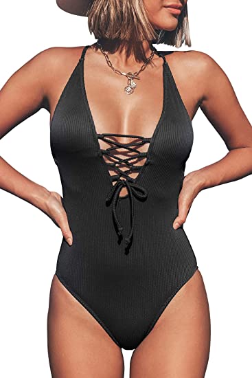 CUPSHE Women's Solid Color V Neck Lace Up One Piece Swimsuit