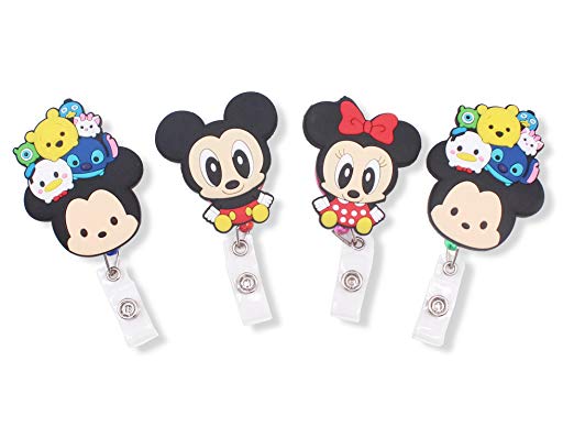 Finex Tsum Tsum Mickey Mouse and Minnie Mouse Set of 4 Retractable Badge Holder ID Badge Reel Clip On Card Holders
