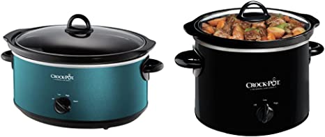 Crockpot SCV700-KT Deisgn to Shine 7QT Slow Cooker, Turquoise & Crock-Pot 2-QT Round Manual Slow Cooker, Black (SCR200-B)