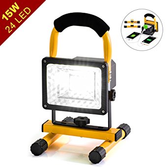 Work Light, Spotlights Camping Outdoor Lights, Built-in Rechargeable Lithium Batteries, 2 USB Ports to Charge Mobile Devices, Special SOS Modes (15W 24LED)