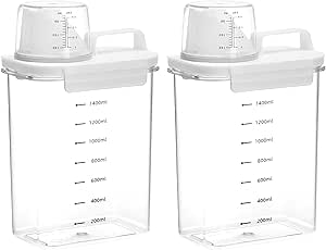 QWORK Laundry Powder Detergent Container - 2 Pack 61 oz Capacity, Transparent with Scale Markings, Large Mouth for Easy Pouring, Includes Measuring Cup, Multi-Purpose Storage for Detergent, Grains