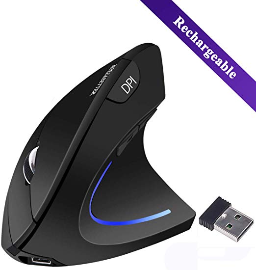 Wireless Ergonomic Mouse,Funwaretech 【Rechargeable】 2.4G Vertical Optical Mice,800/1200 /1600 DPI with 6 Buttons for Laptop,Desktop,PC, MacBook - Black