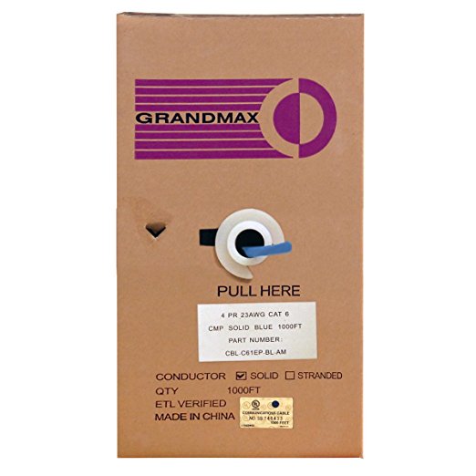Grandmax CAT6 550MHz Plenum Solid Bulk Cable, 1000ft, UTP Pull Box, CMP Rated, 100% Pure Copper, Multiple Colors Available, 4 Pair, 23 AWG/1000FT/BLUE