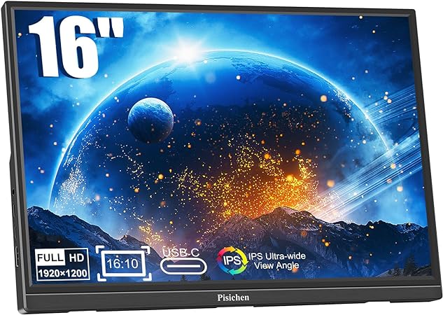 Pisichen 16 Inch Portable Monitor FHD 1920X1200 Travel Monitor HDMI USBC IPS Display, HDR Plug& Play, External Monitor for Laptop PC Computer PS4 Xbox Switch Phone Ras Pi