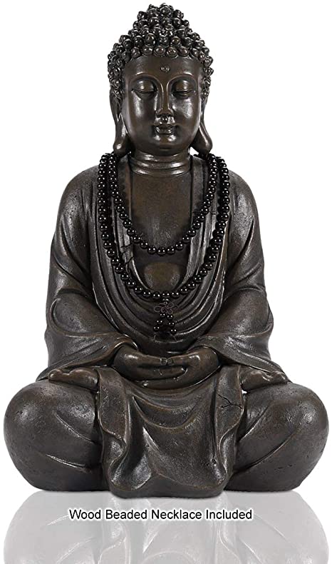 LIMEIDE Meditating Zen Buddha Statue Figurine Sitting Sculpture Decoration, Art Decoration with Natural Wood Beaded Necklace, Polyresin, Antique Bronze Look(17 Inch)