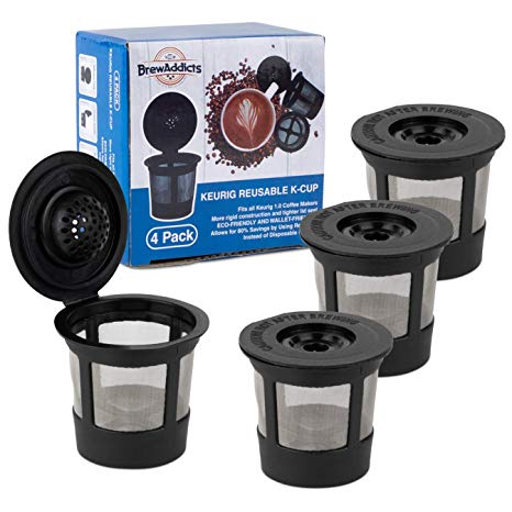 Brew Addicts Reusable K-Cups for Keurig 1.0 Brewers | Eco-Friendly Universal Fit Refillable Single Cup Coffee Filters | Stainless steel Mesh Filter | Black (4 Pack)