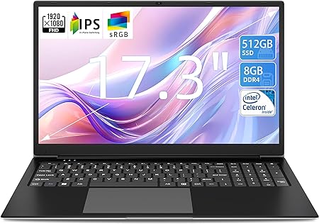 SGIN 17.3 Inch Laptop 8GB DDR4 512GB SSD (TF 512GB), Celeron Dual-Core Processor(Up to 2.8GHz), 2xUSB 3.0, Dual Band WiFi, Bluetooth 4.2, FHD 1920x1080 Notebook Ships with Keyboard Film in 8 Languages