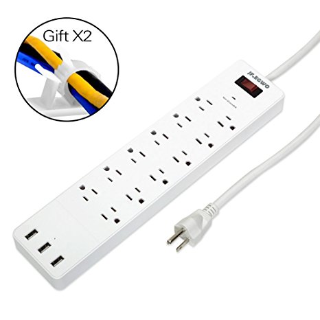 12 Outlets 6 Foot Long Cord 3 USB Ports On Surge Protector Power Strip, 1875W and 15AMP with 1700 Joules Power Extension Cords for Smartphone, Laptop, Tablet and More by JF.EGWO, White