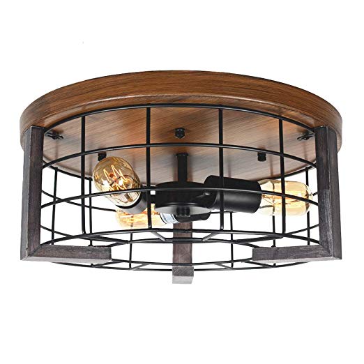 Baiwaiz Round Rustic Flush Mount Ceiling Light, Metal and Wood Farmhouse Ceiling Lighting Black Industrial Wire Cage Light 3 Lights Edison E26 086
