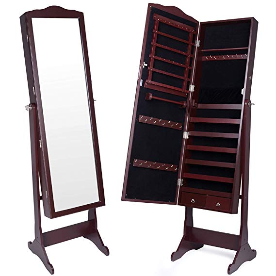Kendal Mirrored Jewelry Cabinet Armoire Lockable Standing Organizer with 2 Drawers, Dark Brown JCT003