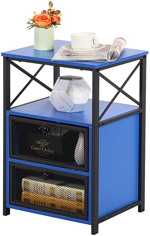 VECELO Night Stand, End Side Table with Storage Space and Door,Modern Nightstands for Living Room,Bedroom, Dark Blue