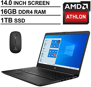 2020 Newest HP 14 Inch Premium Laptop, AMD Athlon Silver 3050U up to 3.2 GHz, 16GB DDR4 RAM, 1TB SSD, WiFi, HDMI, Windows 10 in S, Jet Black   NexiGo Wireless Mouse Bundle