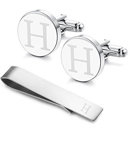 LOYALLOOK Stainless Steel Engraved Initial Cufflinks and Tie Clip Bar Set Alphabet Letter With Gift Box A-Z