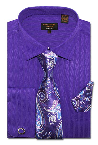Christopher Tanner Men's Regular Fit Dress Shirts With Tie Hankerchief Cufflinks Combo Herringbone Stripe Pattern