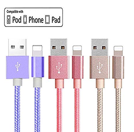 Beskson Charger Cable for Phone, Charger Cord 3Pack Nylon Braided Charging Cord Compatible Phone xs/xsmax/xr/8/8plus/7/7plus/6/6plus pad pod & More-Purple/Gold/Pink（6/6/6FT）