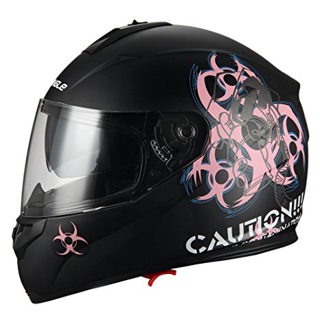 “Biohazard” Full Face Matte Pink Dual Visor Street Bike Motorcycle Helmet by Triangle [DOT] (Large)