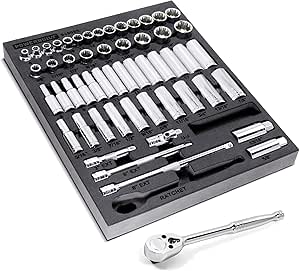 Powerbuilt Socket and Ratchet Tool Set, Extension Bars, Deep and Shallow Sockets, Organizer Tray, Pro Tech Series - 949005, 3/8-Inch, Silver, 54 Piece