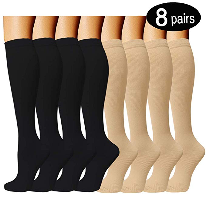 8 Pairs Compression Socks Women & Men -Best Medical,Nursing,Hiking,Travel & Flight Socks-Running & Fitness-15-20mmHg