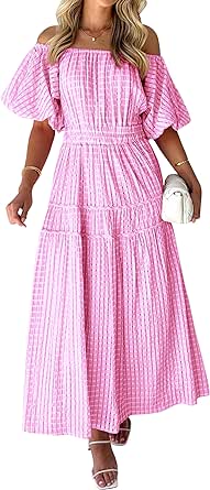 MASCOMODA Off The Shoulder Flowy Maxi Dress for Women 2024 Summer Casual Puff Short Sleeve Smocked Ruffle Beach Long Dresses