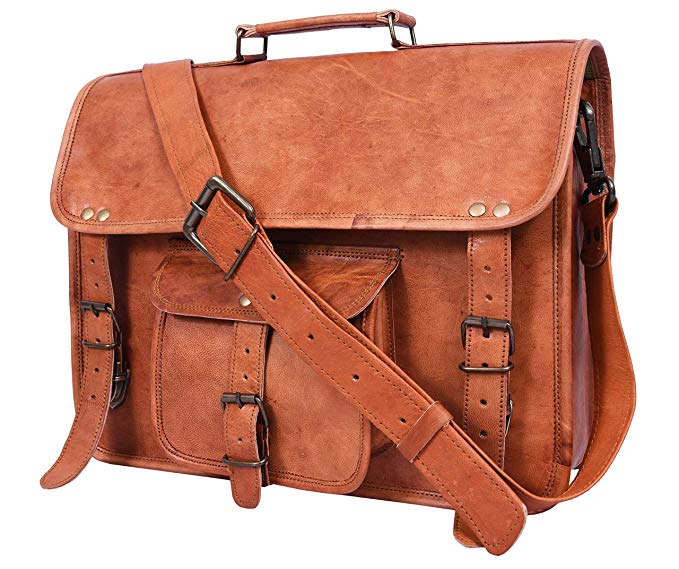 15 inch Vintage Leather Messenger Satchel Bag | Briefcase Laptop Messenger Bag by Aaron Leather (Choclate Brown)
