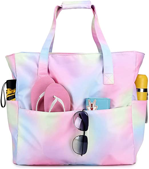 Beach Pool Bags Tote for Women Ladies Large Gym Tote Carry On Bag With Wet Compartment for Weekender Travel Waterproof (Rainbow pink)