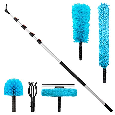 Jumbl Cleaning Kit | 6 to 24 Foot High Reach Telescoping Dusting Pole with 5 Attachments Including Cobweb Duster, Microfiber Duster, Ceiling Fan Duster, Light Bulb Changer & Swivel Squeegee