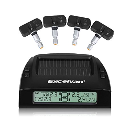 Excelvan Wireless Solar Rechargeble Digital LED Tire Pressure Monitoring System TPMS with 4 External Sensors Pressure Range 0~8 Bar (0~116Psi)