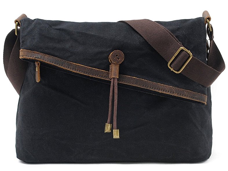 Crossbody Bags Waxed Canvas Vintage Genuine Leather Trim Fold Over Bag Unisex