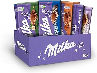 Milka Selection Gift Sharing Bulk Box, Assorted Chocolate Tablets, Milka OREO, Caramelo, Creme, Hazelnut and Alpine Chocolate Milk, 10 x 100g Bars