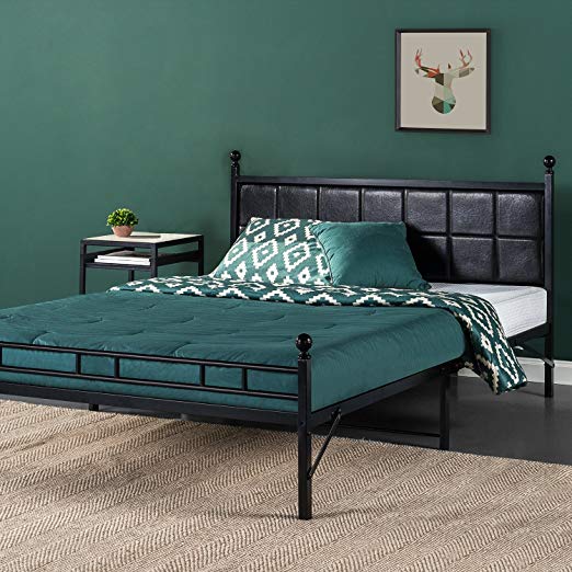 Zinus Metal Platform Bed, Bed Frame with Faux Leather Square Stitched Upholstered Headboard, Twin