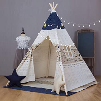 Kids Teepee Tent with Mat, xiaowantong Printed Canvas Teepee for Girl Boy with Carry Bag, Portable Kids Playhouse for Indoor Outdoor (Top Blue)