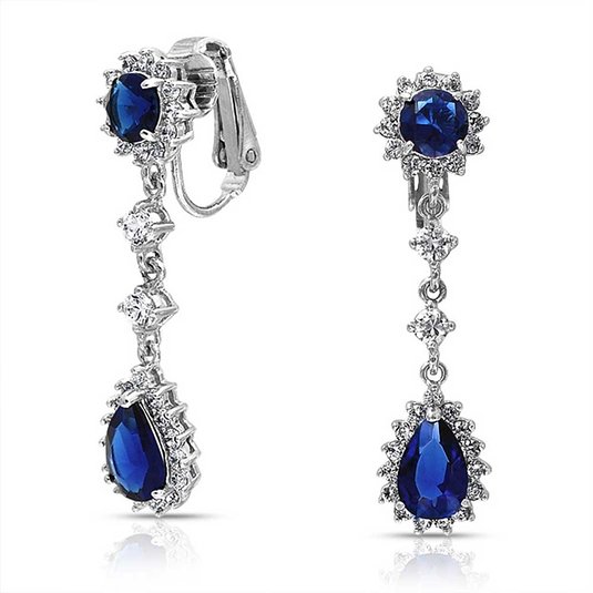 Bling Jewelry Simulated Sapphire CZ Bridal Teardrop Chandelier Earrings Clip On Rhodium Plated