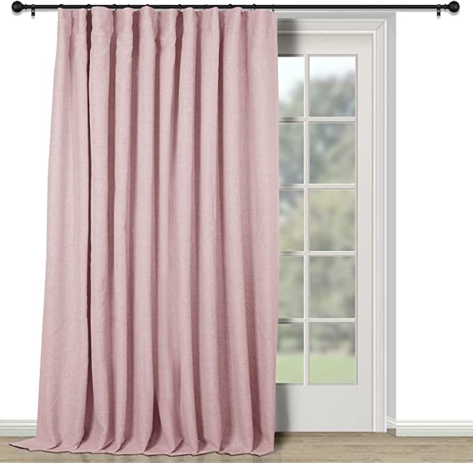 INOVADAY Thermal Sliding Door Curtains 100% Blackout Extra Wide Patio Door Curtains Linen Textured Farmhouse Sliding Glass Door Curtain Drapes (W100 x L96, 1 Panel, Pink)