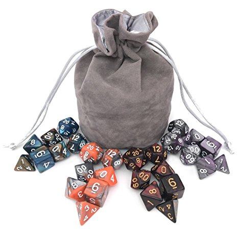 4 Sets Polyhedral Dice with 1pcs Gray Big Drawstring Bag for Dungeons and Dragons DnD RPG MTG D20, D12, 2 D10 (00-90 and 0-9), D8, D6 and D4
