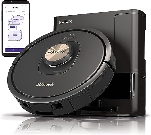 Shark AV2310AE Matrix Self-Emptying Robot Vacuum with No Spots Missed on Carpets and Hard Floors, Precision Home Mapping, Perfect for Pet Hair, Bagless, 45-Day Capacity Base, Wi-Fi Black/Brass