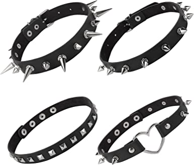 Yolev Black PU Leather Choker 4Pcs Vintage Spike Ring Gothic Punk Choker Fancy Dress Rock Choker Necklace Leather Collar Choker For Women Men Accessory