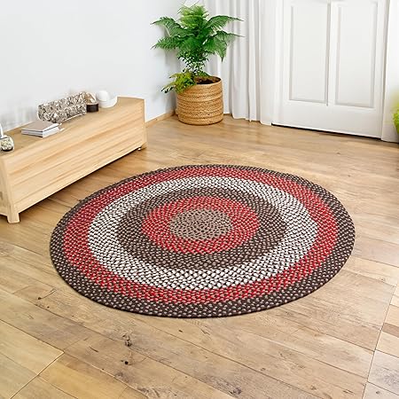 Super Area Rugs Round 6' Brown - Red - Ivory Circular Braided Rug for Large Dining Rooms and Kitchen Tables