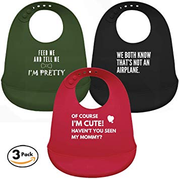 Silicone Baby Bibs For Boys and Girls with Cute Funny Sayings | Premium Quality, Organic, Comfortable, Adjustable, Dishwasher Safe | Bonus Feeding Spoon Included | Perfect for Baby Shower | Set of 3