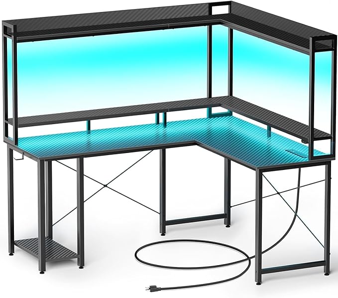 Rolanstar Computer Desk with Hutch & Storage Shelves, Gaming Desk with LED Lights & Power Outlets, L Shaped Desk, Corner Desk Home Office Desks, Carbon Fiber Black