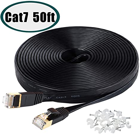 Cat7 Ethernet Cable, 50 Ft Network Cable for PS4, High Speed Flat Internet Cord with Clips Rj45 Snagless Connector Fast Computer LAN Wire for Gaming, Switch, Modem, Router, Coupler, Black