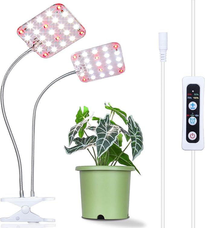 DOMMIA Plant Light, Clip on Grow Light for Indoor Plants with 6/12/16h Timer, Dimmable Desk Plant Grow Lights Full Spectrum, Gooseneck Heat Lamp for Plants, 15W LED Grow Lights for Small Plants