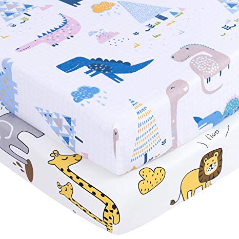 TILLYOU Ultra Soft Dinosaur Crib Sheets Set, 100% Egyptian Cotton Printed Toddler Sheets for Baby Boys Girls, Breathable Hypoallergenic, 28"x52", 2 Pack Dinosaur (White) & Animals Party (White)