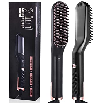 Beard Straightener Brush for Men & Women - Liaboe 3 in 1 Professional Fast Heating Styling Comb for Beard & Hair, Ceramic Ionic Heating Control, Portable Multifunctional