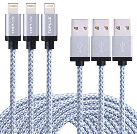TOPLUS 3PCS 1m Nylon Braided Lightning to USB Cable Charger Cord with Aluminum Connector for iPhone, iPad, Air, iPod Nano/Touch Compatible with iOS10.0.2 (White)