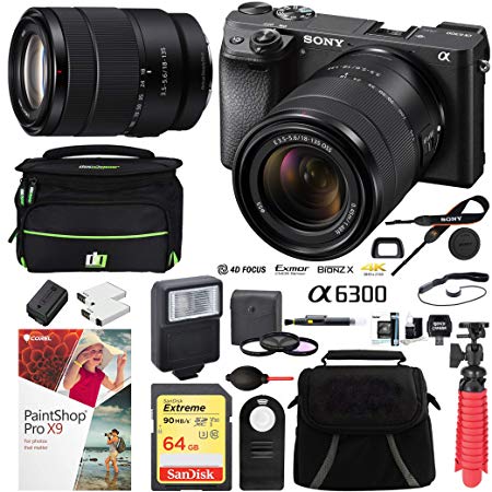 Sony ILCE-6300M/B a6300 4K Mirrorless Camera (Black) with 18-135mm F3.5-5.6 OSS Zoom Lens and Case 64GB SDXC Memory Card Pro Photography Bundle (18-135 Single Lens Kit, Black)