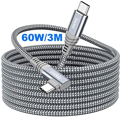 Siwket USB C to USB C Cable 90 Degree [3M] 5V3A/60W Type C PD Fast Charging Cable Braided for MacBook Pro,MacBook Air,iPad Pro 2018,Huaiwei MataBook, Sumsung S20 S10,Note10,Google Pixel 4/3XL-Grey